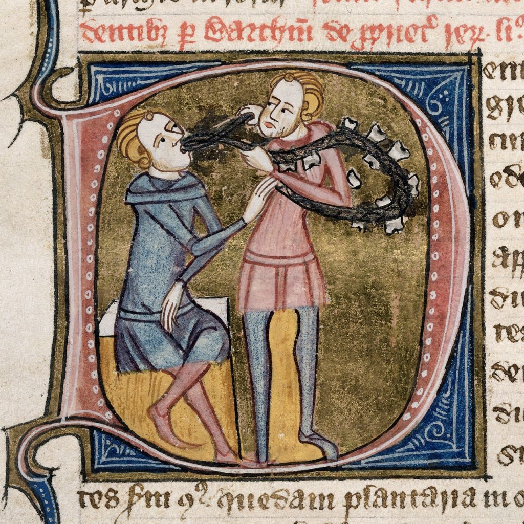 Medieval dentistry, from the Omne Bonum (England - 1360-1375). Courtesy of Wikipedia.