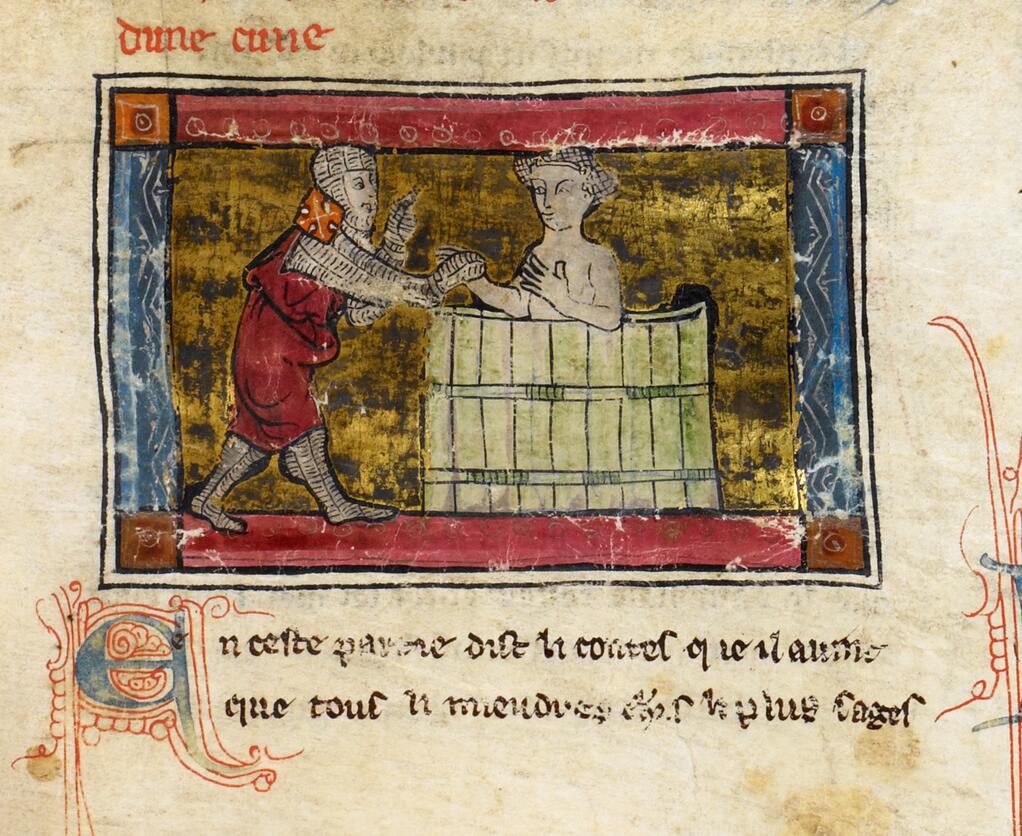 Lancelot rescuing a lady from the bath, from British Library Add. 5474, 13th c.