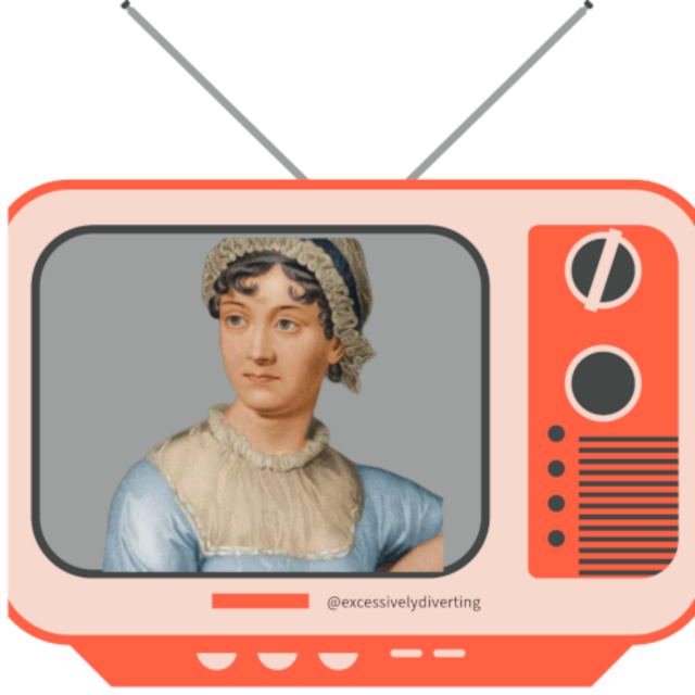 Image of Jane Austen in the middle of a TV screen.